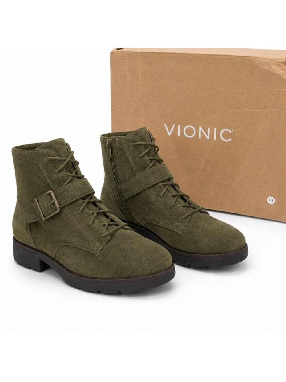 Vionic Catina Supportive Dark Olive Suede Ankle Boot Womens 7.5 Lace Up Comfort